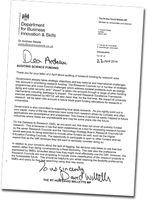 David Willetts letter: auditing science funding, April 22 2014